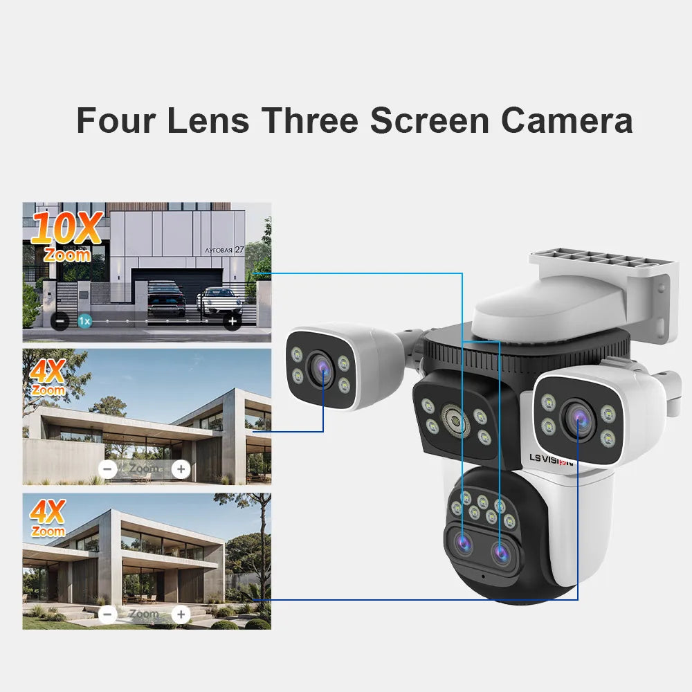 10K Security Camera Outdoor WiFi — 4 Lens, 10x Zoom, 360° PTZ + Auto Tracking