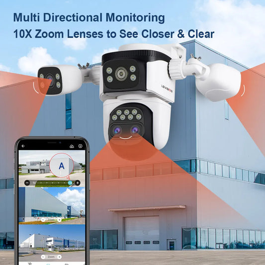 10K Security Camera Outdoor WiFi — 4 Lens, 10x Zoom, 360° PTZ + Auto Tracking