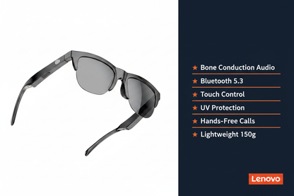 Lenovo Smart Glasses key features banner — Bone Conduction, Bluetooth 5.3, UV Protection