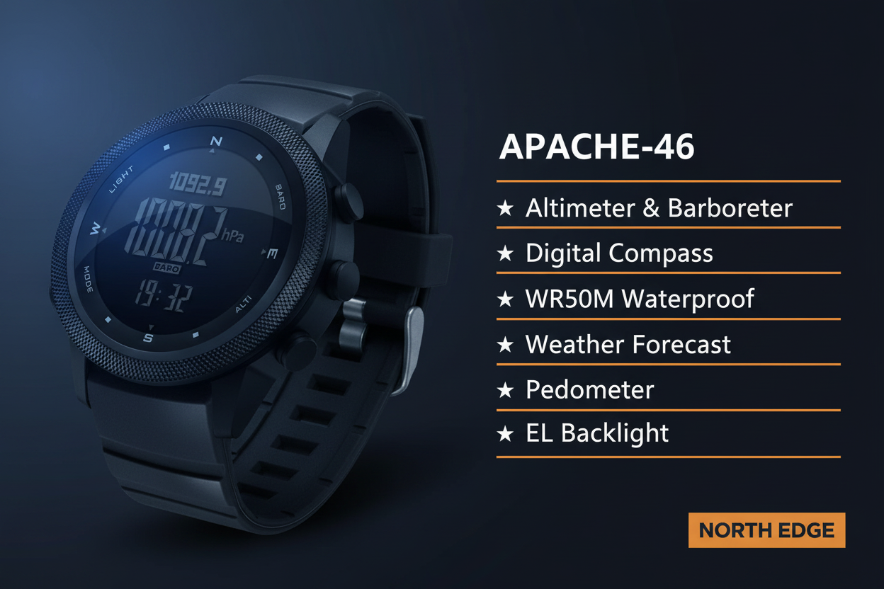 NORTH EDGE APACHE-46 key features banner — Altimeter, Barometer, Compass, WR50M