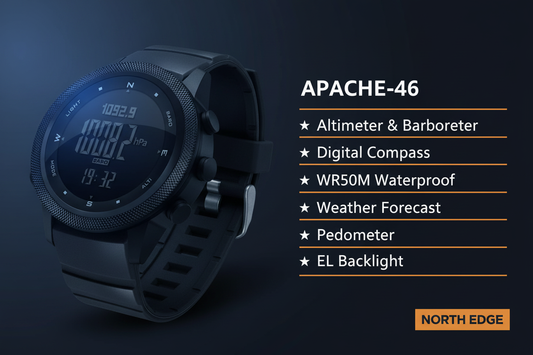 NORTH EDGE APACHE-46 key features banner — Altimeter, Barometer, Compass, WR50M