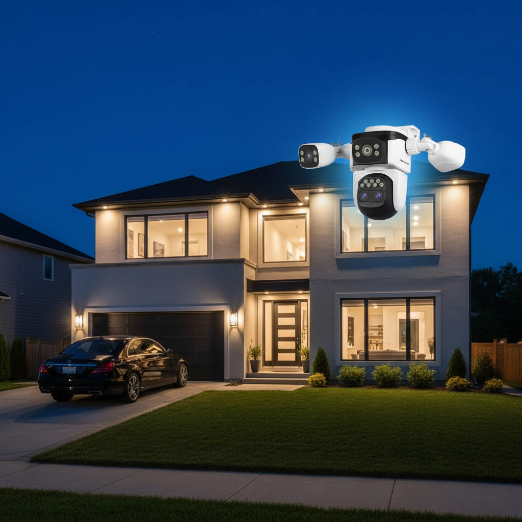 LS VISION 4-lens PTZ security camera installed on modern home exterior at night