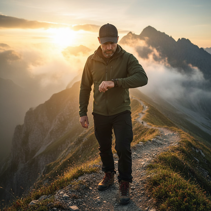 NORTH EDGE APACHE-46 outdoor watch worn by man hiking on mountain at sunrise